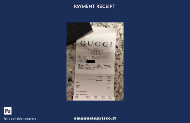 modello di ricevuta del negozio del marchio Gucci in stile verificato